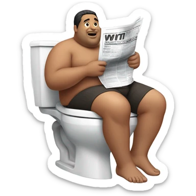 fat guy sitting on toilet reading newspaper no shirt front view sticker