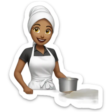 A fair skinned Hijabi Muslim woman wearing a white apron, mixing cake batter, standing behind a messy, kitchen, counter top with the ingredients on the table sticker