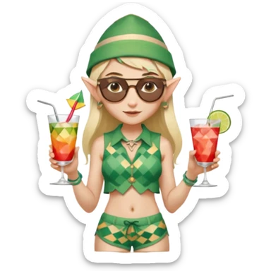 elf female legolas portrait, patterned board shorts (geometric/abstract), unique wooden-framed sunglasses, undercut hairstyle, slight smirk, visible pointy ears, no background, centered emoji, hipster summer vibe coctails with summer hat sticker