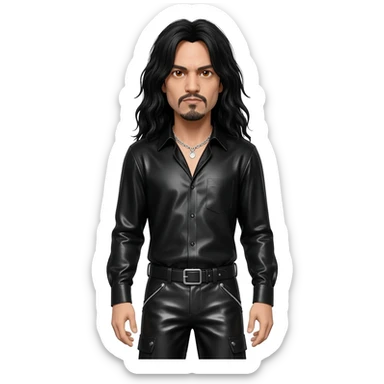 Tom Araya with brown eyes, long black hair, black metallic shirt, black metallic baggy pants, silver necklace sticker