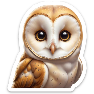 Cinematic Cute Barn Owl Portrait Emoji, Head tilted playfully and inquisitively, featuring a softly mottled Fur of white and brown with delicate feather patterns, round, sparkling amber eyes filled with curious wonder, Simplified yet irresistibly adorable features, highly detailed, glowing with a warm, friendly glow, high shine, affectionate and gentle, stylized with a touch of barnyard whimsy, bright and endearing, soft glowing outline, capturing the essence of a mischievous yet loving owl, so playful it feels like it could swoop out of the screen and into your arms! sticker