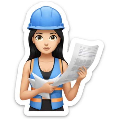 construction hat, blue print plan paper in hand, long black hair tanned woman, black sports bra, vest, sexy sticker
