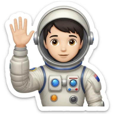 boy with dark hair waving wearing spacesuit sticker