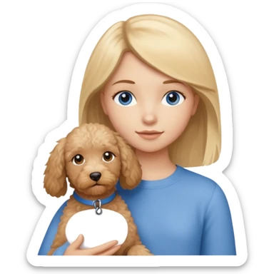 teenage aged girl with blonde straight hair, brown eyebrows, blue eyes, holding a small beige labradoodle  sticker