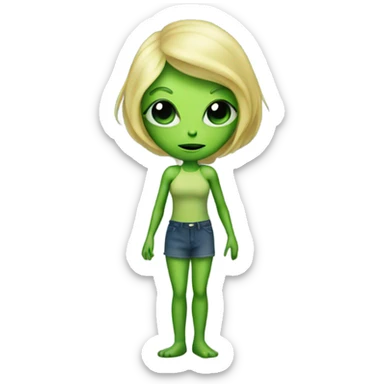 a green alien woman full body,blonde sticker