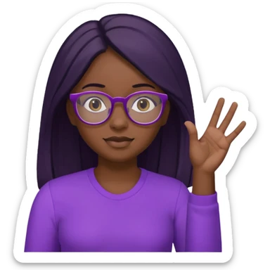black girl raising her hand, wearing glasses and a purple shirt with long black hair sticker