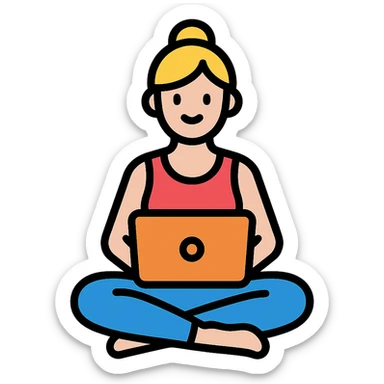 yoga teacher sitting cross-legged with a laptop, colored icon with black outlines sticker