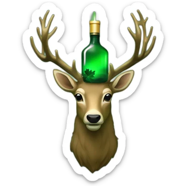 An emoji of a dark green bottle with a darker green label showcasing a glowing white cross above a regal stag's head with antlers, encircled by a wreath of oak leaves. sticker