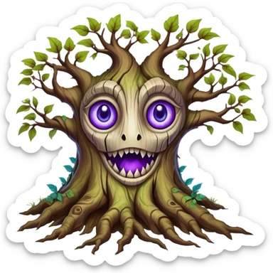 An ancient, psychic tree evolves by absorbing the essence of fallen autumn spirits, sprouting a radiant leaf, channels both forest wisdom and fiery seasonal magic through its gnarled. Purple eyes, blue eyes sharp teeth, bark wood skin, heterochromatic eyes sticker