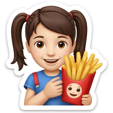 Toddler emoji with two pigtails dark brown hair, fair skin, holding French fries sticker