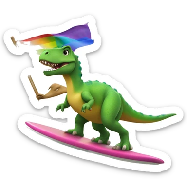 Rainbow dinosaur holding a pride flag while surfing sticker