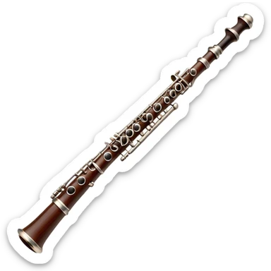 Cinematic Realistic Oboe, slender and elegant dark wood body, silver-plated keys catching soft highlights, delicate reed resting at the top, glowing with refined and classical beauty. sticker