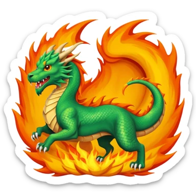 un dragon se battant contre un lion qui crache du feu sur un loup, scène dynamique, couleurs vives sticker