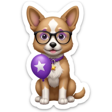 dog holding purple star balloon in hand with black glasses close view  sticker