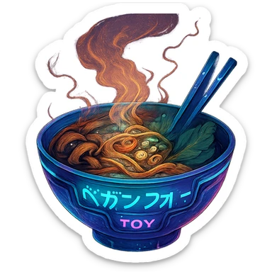 cyberpunk futuristic, scifi, a bowl of delicious VEGAN pho, ramen, piping hot sticker
