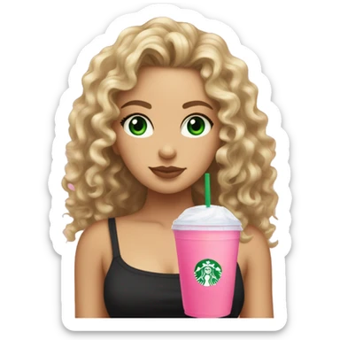 a slightly tan but white girl with curly wavy hair and green eyes wearing a black tube top holding a starbucks pink lemonade facing forward aesthetic  sticker