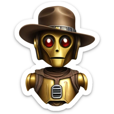 Old dirty west Bounty hunter C3po wearing small hat sticker