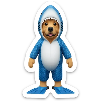 A golden retriever wearing a shark costume sticker