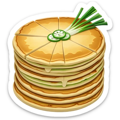 Chinese scallion pancake with visible layers and green onions, simplified emoji style with bold outlines and bright colors, cartoon style crispy Cong You Bing sticker
