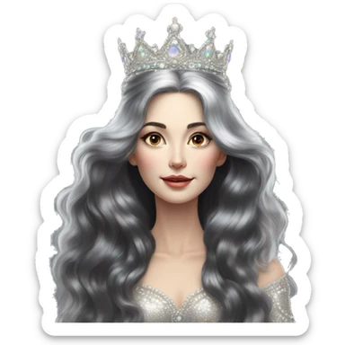 Regal pretty slender middle age woman photograph defined cheekbones high cheekbones crown vintage with very long iridescent black and silver hair wavy long hair pearl crown iridescent sticker