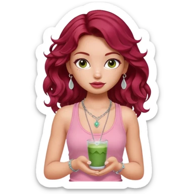 a pretty fair bratz girl with wavy dark red hair, wearing a pink tank top . silver dainty layered necklaces, carrying a matcha sticker