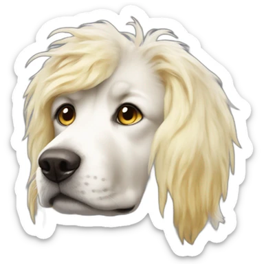 A thousand year old dog with white nose and yellow messy hair sticker