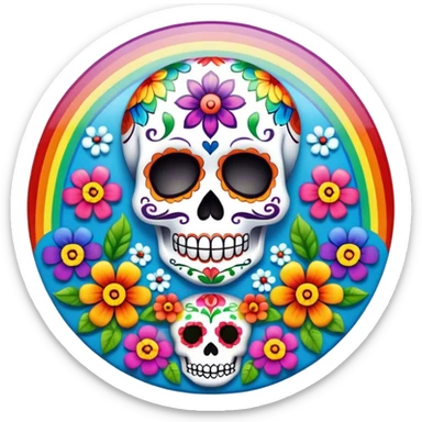 Beveled square shaped psychedelic colored button with day of the dead sugar skull and rainbow colored flowers in the center sticker