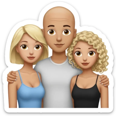 throuple tatted bald boyfriend with two girlfriends, one long blonde hair, other short curly brunette  sticker