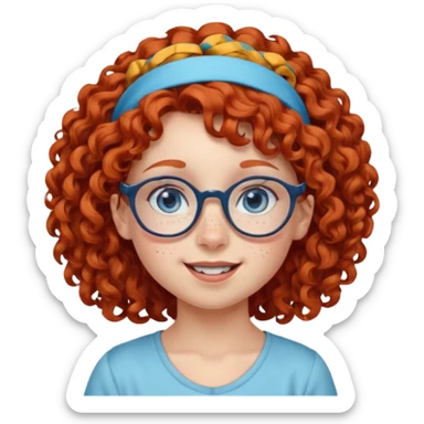 redhead kid with unique face features and very curly hair kid girl happy and big glasess and big nose and very blue eyes and headband with freckles sticker