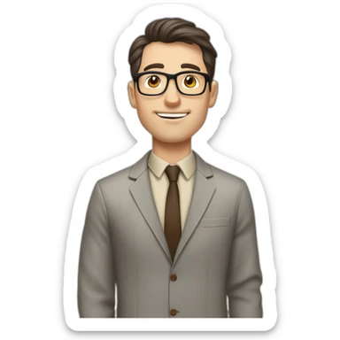 Pale skinned fit man with dark brown hair in gray jacket, beige office shirt, brown tie, brown pants and vintage glasses Writing text on a marker board sticker