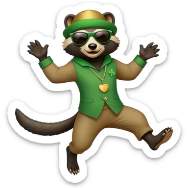 friendly anthropomorphised honey badger in a casual green-themed outfit with St. Patrick's Day accessories, wearing sunglasses, jumping, no beer sticker