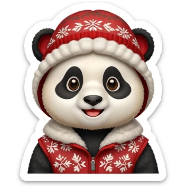 Photorealistic close-up of a cute, smiling panda wearing a red patterned winter trapper hat. Happy expression, cheerful vibe. Simple studio background. Detailed textures, sharp focus sticker