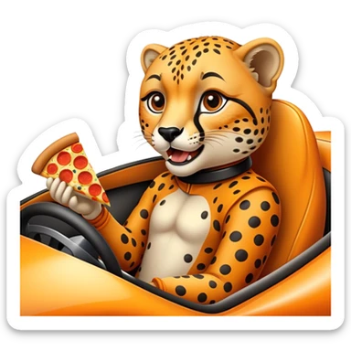 A cheetah in a race car eating a slice of pizza sticker