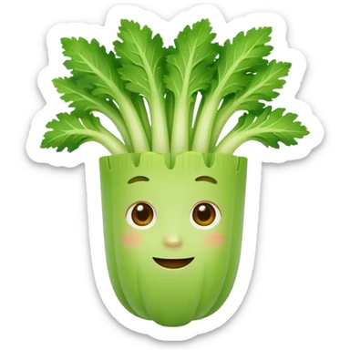 Friendly celery emoji avatar, cute and minimalistic style, warm eyes and gentle smile, flat design, soft shapes, clean modern look, highly recognizable at small sizes, centered composition, transparent or solid background, app icon quality. sticker