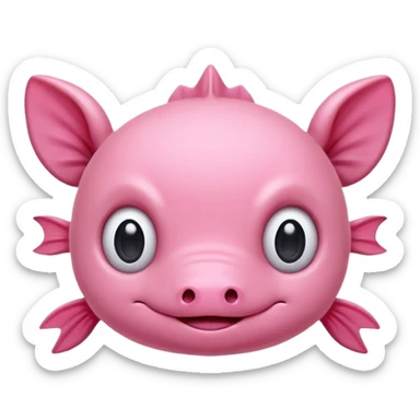 Cartoon pink axolotl face emoji, front view, flat wide head, external gills on both sides, big round eyes, small mouth, no snout, vector style, flat colors, transparent background. sticker