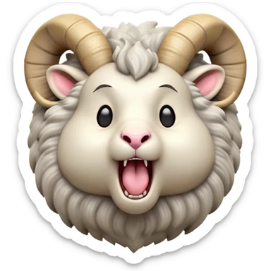Cinematic Cute Yawning Ram Portrait Emoji, Head tilted slightly with a dramatic, wide-open yawn, showcasing a soft, woolly grey fur with gently drooping horns and ears, round dark eyes barely open in drowsy contentment, Simplified yet irresistibly adorable features, highly detailed, glowing with a soft, cozy glow, high shine, relaxed yet expressive, stylized with a touch of rugged whimsy, bright and endearing, soft glowing outline, capturing the essence of a sleepy yet affectionate ram, so drowsy it feels like it could stretch out of the screen and curl up for a nap! sticker