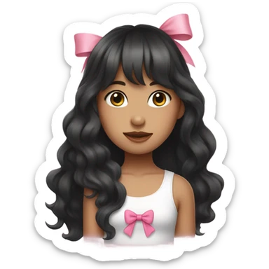 plae girl with long black wavy hair and front Korean bangs white tank top and pink bow on her hair sticker