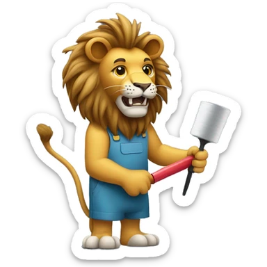 lion standing holding paint roller with contracture dress lion open mouth sticker