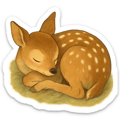 realistic baby fawn curled up sleeping, natural colors, soft, fairy-like atmosphere, no background, square size sticker