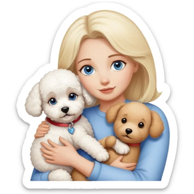 Blonde blue-eyed -mother -hugs two dogs, a Bichon Frise and a Teddy sticker