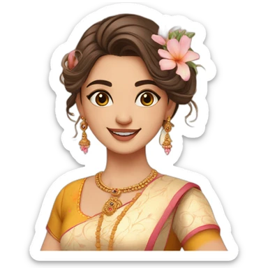 a most beautiful whit girl with a small bindi and cute hairstyle wearing a blur anarkali kurti and a beautfiul smile with flowers sticker