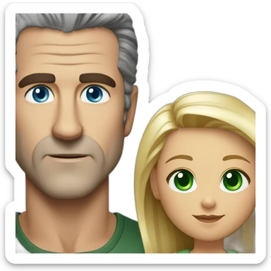 Mel gibson with blue eyes with a short blond straight square cut woman with green eyes sticker
