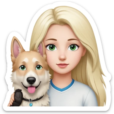 White European young woman with blue-green eyes and long blond hair with her white German Shepherd dog,the Dog hast a pink nose and short fur  and Brown eyes sticker