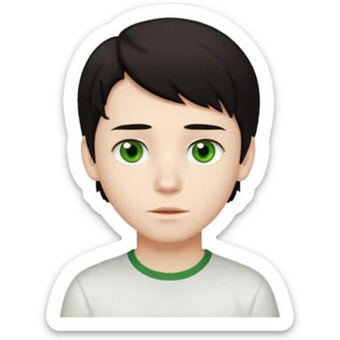 Um garoto zombie de cabelo castanho escuro, quase preto, com um cabelo médio, com olhos castanhos esverdeados, de camisa branca sticker