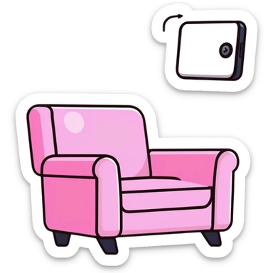 angled smartphone with a large, visible armchair image on its screen, product detail view, with sparkle emoji on the left side sticker