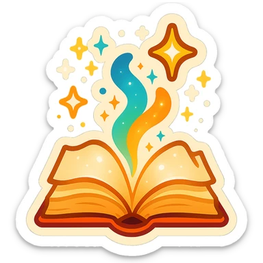 open book with magic bursting out, glowing stars, magical sparks, no twigs or leaves, retro sticker style, shadows and highlights sticker