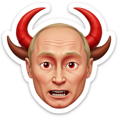 face of Vladimir Putin as a devil with red skin, horns, mischievous expression sticker