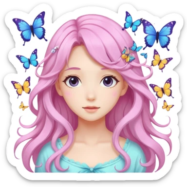 gorgeous anime pastel lady with butterflies and beautiful hair sticker