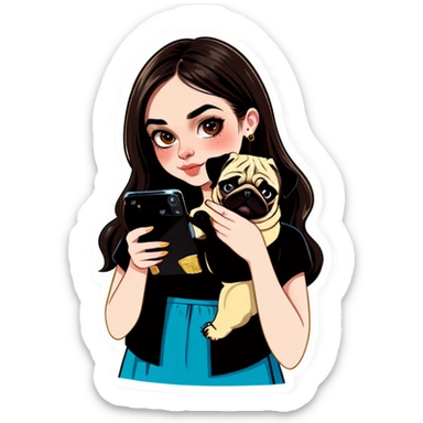 Beautiful young girl with choppy long dark brown hair flows over her her septum piercing is gold and shines as she holds her black phone and her large pug with an underbite layed beside her sticker