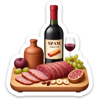 SPAM MEAT charcuterie with fruit and a bottle of wine sticker